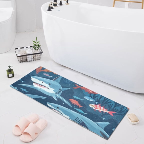Bath Mat Soft Plush Non-Slip Absorbent Bathroom Rugs 39"x20" Cartoon Sharks Underwater