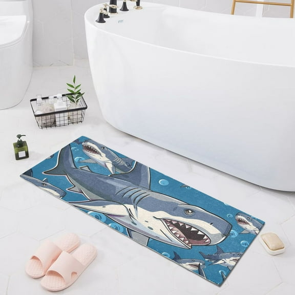 Bath Mat Soft Plush Non-Slip Absorbent Bathroom Rugs 39"x20" Cartoon Sharks in Sea