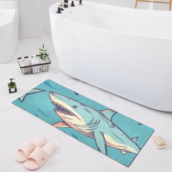 Bath Mat Soft Plush Non-Slip Absorbent Bathroom Rugs 39"x20" Cartoon Sharks with Fish Shadow