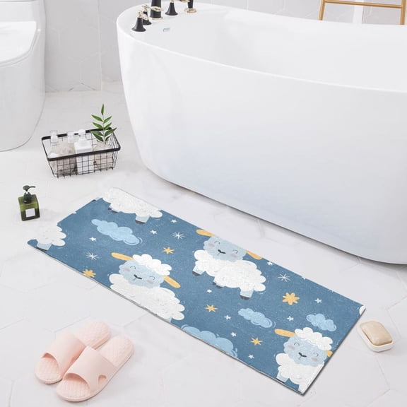Bath Mat Soft Plush Non-Slip Absorbent Bathroom Rugs 39"x20" Cartoon Sheep Stars Clouds