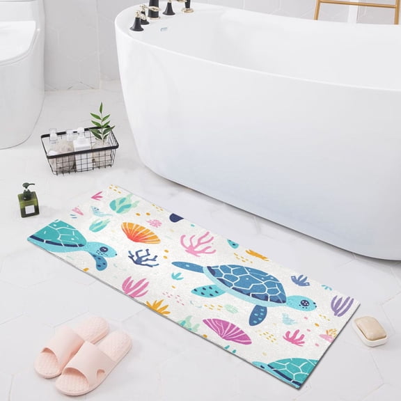 Bath Mat Soft Plush Non-Slip Absorbent Bathroom Rugs 39"x20" Cartoon Turtle Shells Seaweeds