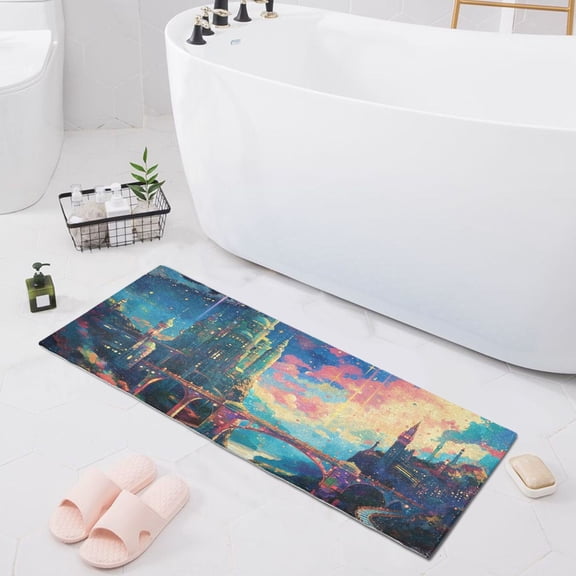 Bath Mat Soft Plush Non-Slip Absorbent Bathroom Rugs 39"x20" Castle Bridge Starry Sky
