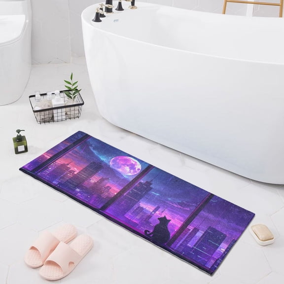 Bath Mat Soft Plush Non-Slip Absorbent Bathroom Rugs 39"x20" Cat Moon City