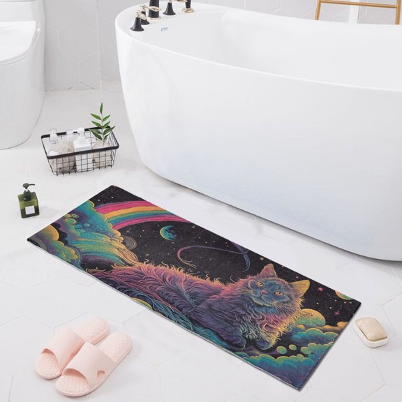 Bath Mat Soft Plush Non-Slip Absorbent Bathroom Rugs 39"x20" Cat Space Rainbow Planet
