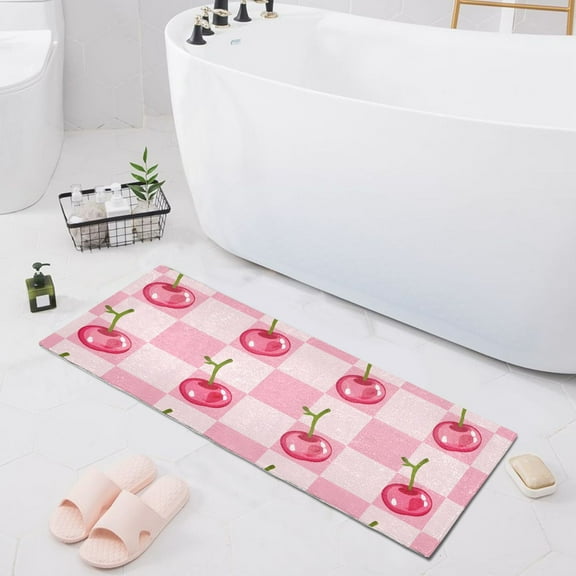 Bath Mat Soft Plush Non-Slip Absorbent Bathroom Rugs 39"x20" Cherry on Gingham Check