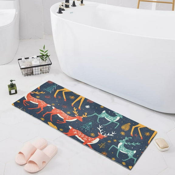 Bath Mat Soft Plush Non-Slip Absorbent Bathroom Rugs 39"x20" Christmas Folk Reindeer