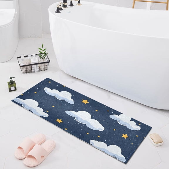 Bath Mat Soft Plush Non-Slip Absorbent Bathroom Rugs 39"x20" Clouds and Stars in Night