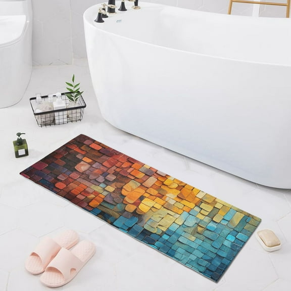 Bath Mat Soft Plush Non-Slip Absorbent Bathroom Rugs 39"x20" Colorful Squares and Cubes