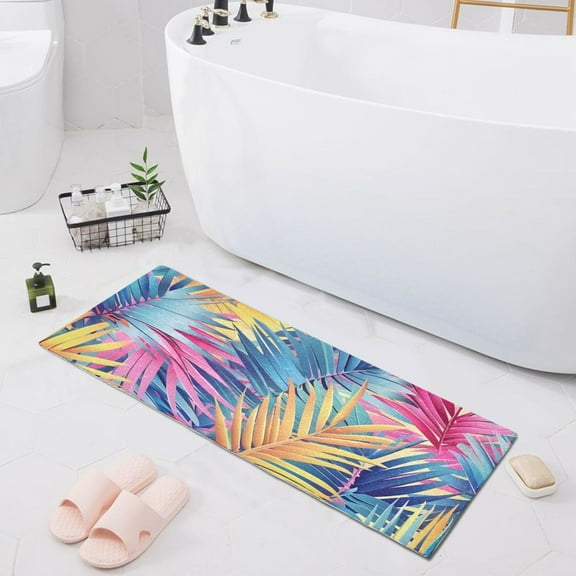 Bath Mat Soft Plush Non-Slip Absorbent Bathroom Rugs 39"x20" Colorful Tropical Palm Leaves