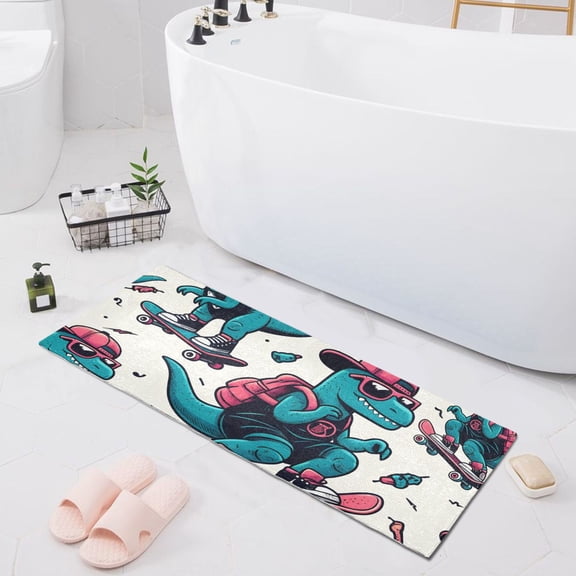 Bath Mat Soft Plush Non-Slip Absorbent Bathroom Rugs 39"x20" Cool Dinosaurs Skating