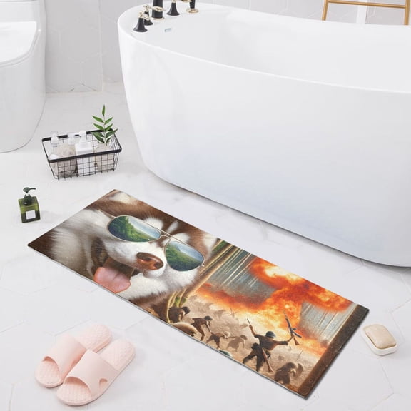 Bath Mat Soft Plush Non-Slip Absorbent Bathroom Rugs 39"x20" Cool Husky Dog with Sunglasses and Forest