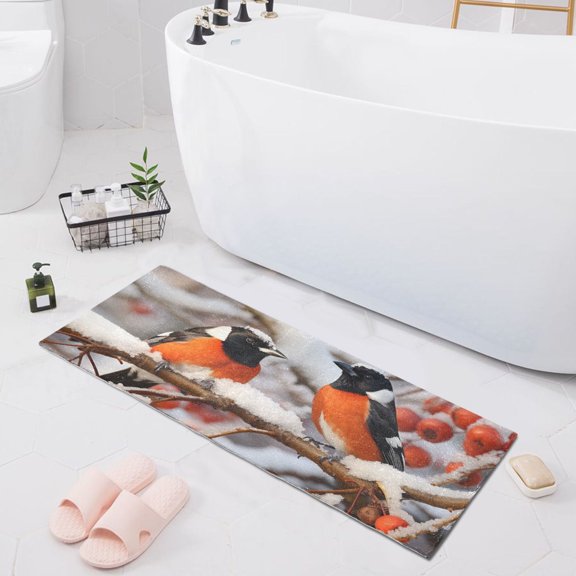 Bath Mat Soft Plush Non-Slip Absorbent Bathroom Rugs 39"x20" Couple Birds with Berry