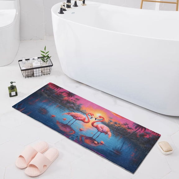 Bath Mat Soft Plush Non-Slip Absorbent Bathroom Rugs 39"x20" Couple Flamingos with Sunset