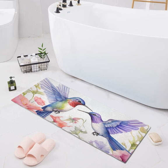 Bath Mat Soft Plush Non-Slip Absorbent Bathroom Rugs 39"x20" Couple Hummingbird with Flower
