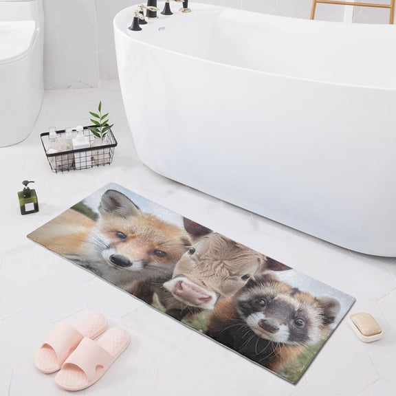 Bath Mat Soft Plush Non-Slip Absorbent Bathroom Rugs 39"x20" Cow Fox Ferret