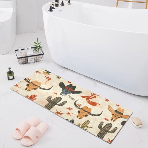 Bath Mat Soft Plush Non-Slip Absorbent Bathroom Rugs 39"x20" Cow Skull with Hat and Cactus