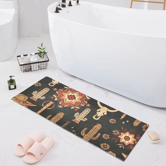 Bath Mat Soft Plush Non-Slip Absorbent Bathroom Rugs 39"x20" Cowboy Hat Cactus Cow Skull