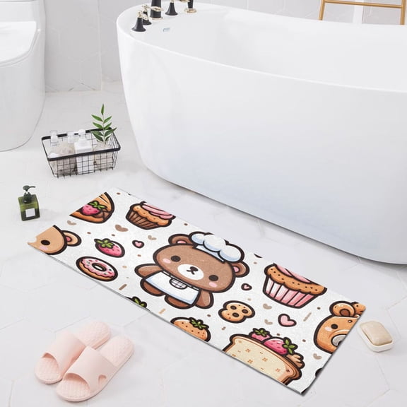 Bath Mat Soft Plush Non-Slip Absorbent Bathroom Rugs 39"x20" Cute Bear Chef with Bread