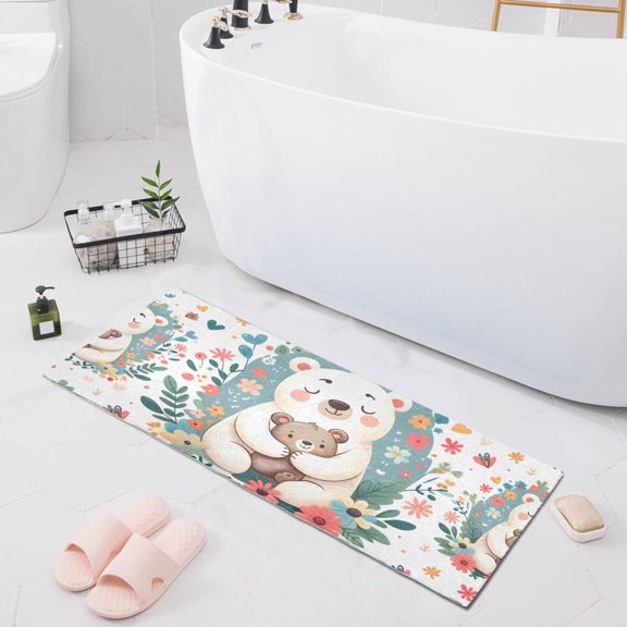 Bath Mat Soft Plush Non-Slip Absorbent Bathroom Rugs 39"x20" Cute Bear in Flower