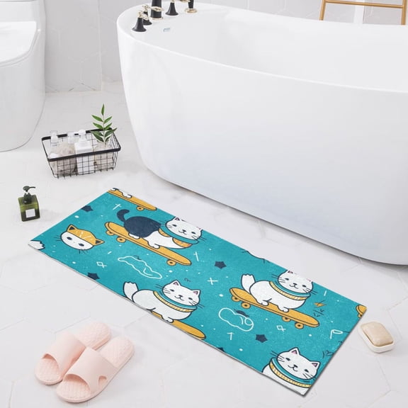 Bath Mat Soft Plush Non-Slip Absorbent Bathroom Rugs 39"x20" Cute Cat on Skateboard