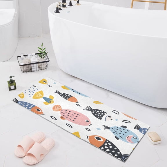 Bath Mat Soft Plush Non-Slip Absorbent Bathroom Rugs 39"x20" Cute Drawing Fishes
