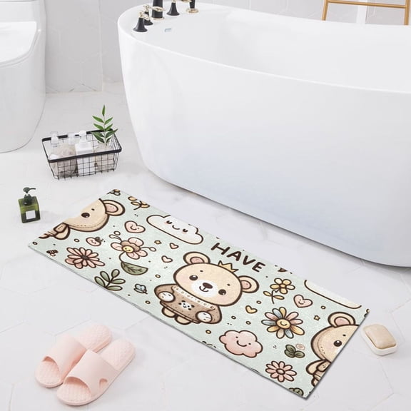 Bath Mat Soft Plush Non-Slip Absorbent Bathroom Rugs 39"x20" Cute Happy Bear in Flowers