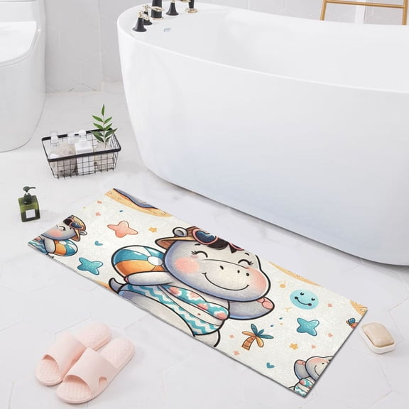 Bath Mat Soft Plush Non-Slip Absorbent Bathroom Rugs 39"x20" Cute Hippo Girl on Beach
