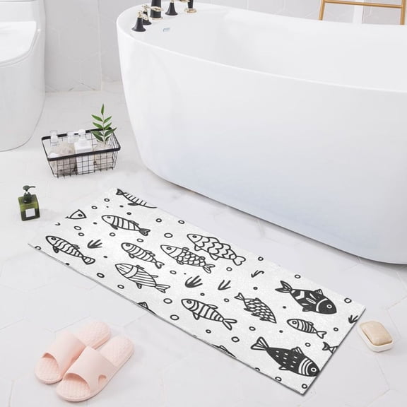 Bath Mat Soft Plush Non-Slip Absorbent Bathroom Rugs 39"x20" Cute Line Fishes
