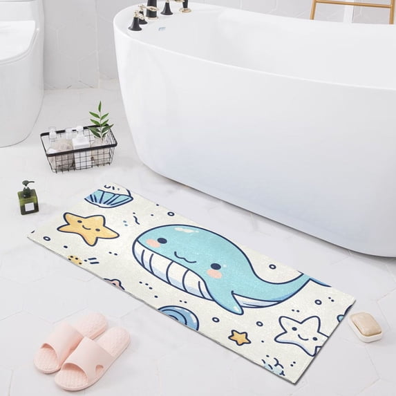 Bath Mat Soft Plush Non-Slip Absorbent Bathroom Rugs 39"x20" Cute Line Whales