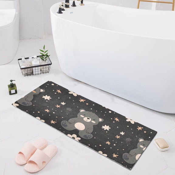 Bath Mat Soft Plush Non-Slip Absorbent Bathroom Rugs 39"x20" Cute Little Bear and Flower