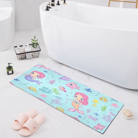 Bath Mat Soft Plush Non-Slip Absorbent Bathroom Rugs 39"x20" Cute Mermaid Fish Seaweed