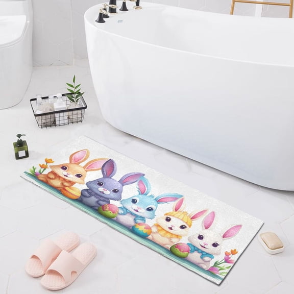 Bath Mat Soft Plush Non-Slip Absorbent Bathroom Rugs 39"x20" Cute Rabbit and Easter Egg