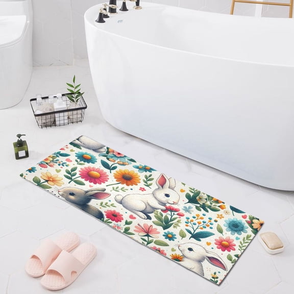 Bath Mat Soft Plush Non-Slip Absorbent Bathroom Rugs 39"x20" Cute Rabbit and Flower
