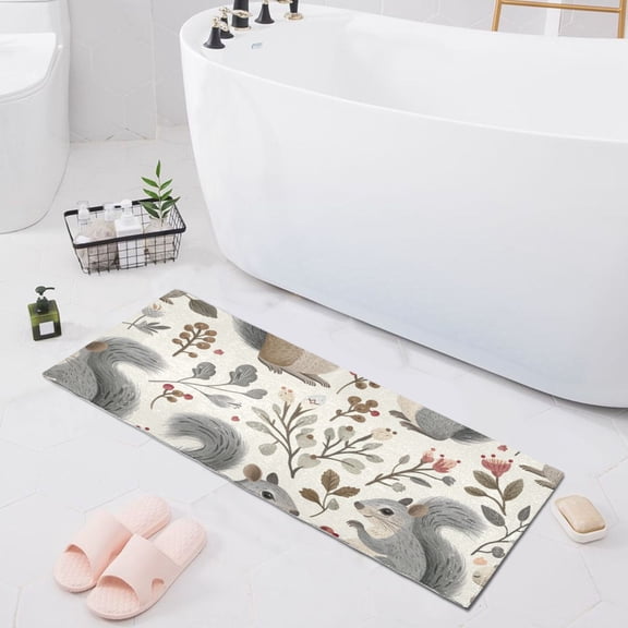 Bath Mat Soft Plush Non-Slip Absorbent Bathroom Rugs 39"x20" Cute Squirrels with Plant