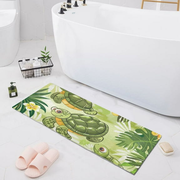 Bath Mat Soft Plush Non-Slip Absorbent Bathroom Rugs 39"x20" Cute Turtle with Leaves