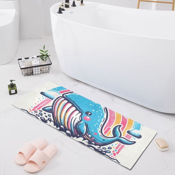 Bath Mat Soft Plush Non-Slip Absorbent Bathroom Rugs 39"x20" Cute Whale on Sea