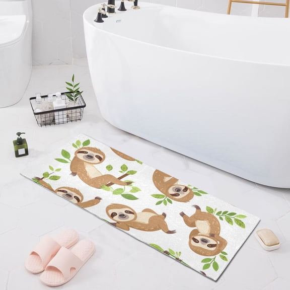 Bath Mat Soft Plush Non-Slip Absorbent Bathroom Rugs 39"x20" Cutes Sloth with Leaf