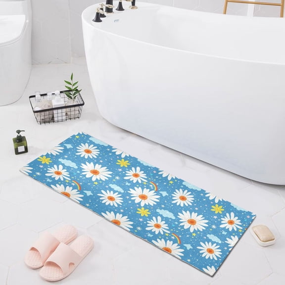 Bath Mat Soft Plush Non-Slip Absorbent Bathroom Rugs 39"x20" Daisies Rainbow Cloud