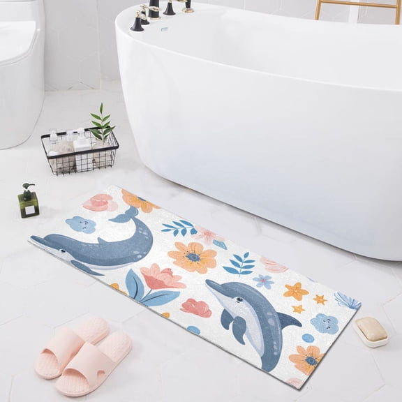 Bath Mat Soft Plush Non-Slip Absorbent Bathroom Rugs 39"x20" Dolphins Flower Shell Leaf