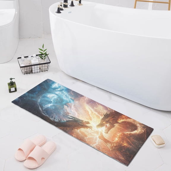 Bath Mat Soft Plush Non-Slip Absorbent Bathroom Rugs 39"x20" Dragon Battle in Sky