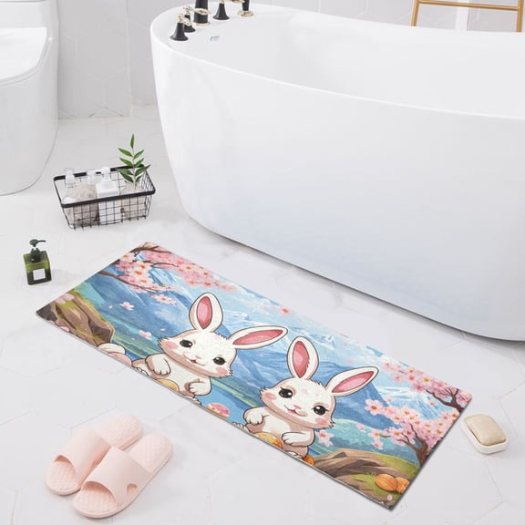 Bath Mat Soft Plush Non-Slip Absorbent Bathroom Rugs 39"x20" Easter Egg and Cute Rabbit