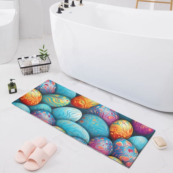 Bath Mat Soft Plush Non-Slip Absorbent Bathroom Rugs 39"x20" Easter Eggs with Abstract Flowers
