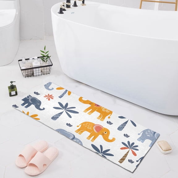 Bath Mat Soft Plush Non-Slip Absorbent Bathroom Rugs 39"x20" Elephants with Palms Trees