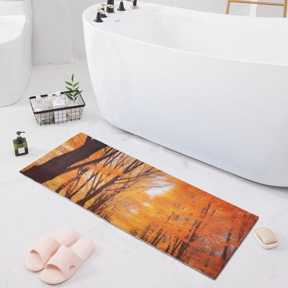 Bath Mat Soft Plush Non-Slip Absorbent Bathroom Rugs 39"x20" Fall Leaves with Forest