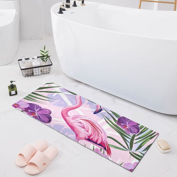 Bath Mat Soft Plush Non-Slip Absorbent Bathroom Rugs 39"x20" Flamingo with Phalaenopsis