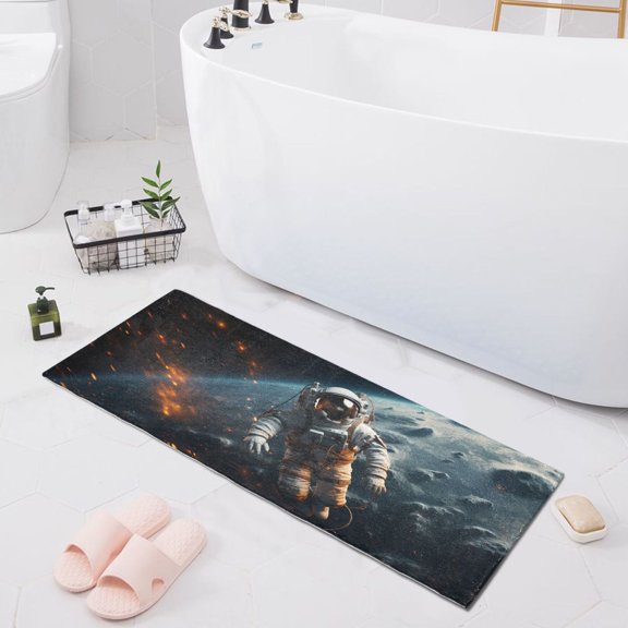 Bath Mat Soft Plush Non-Slip Absorbent Bathroom Rugs 39"x20" Floating Astronaut and Earth