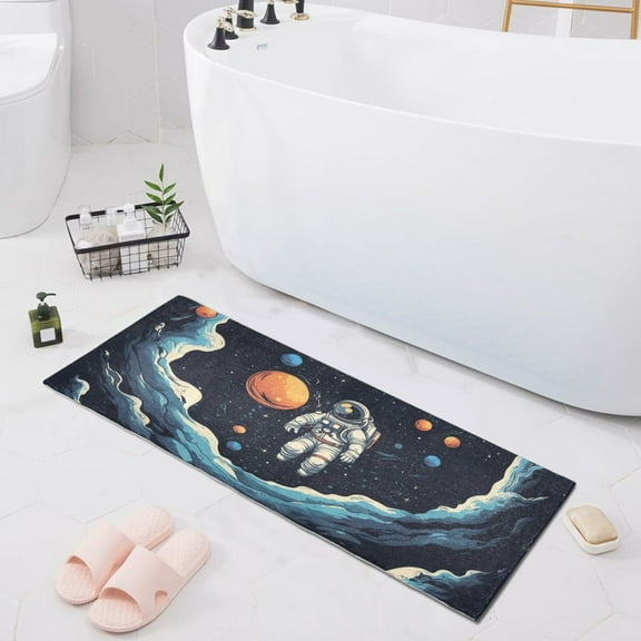 Bath Mat Soft Plush Non-Slip Absorbent Bathroom Rugs 39"x20" Floating Astronaut and Planet