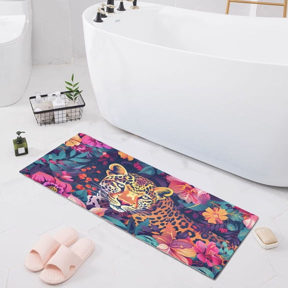 Bath Mat Soft Plush Non-Slip Absorbent Bathroom Rugs 39"x20" Flower and Leopard