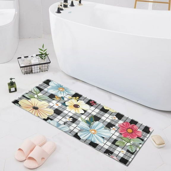 Bath Mat Soft Plush Non-Slip Absorbent Bathroom Rugs 39"x20" Flowers on Checkered