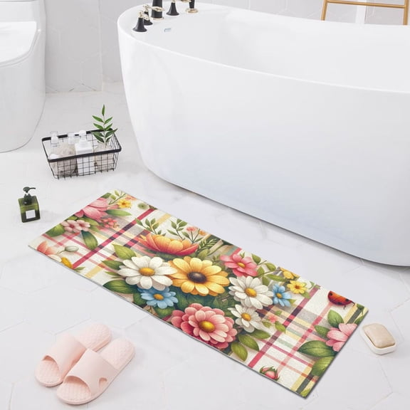 Bath Mat Soft Plush Non-Slip Absorbent Bathroom Rugs 39"x20" Flowers with Lady Bugs